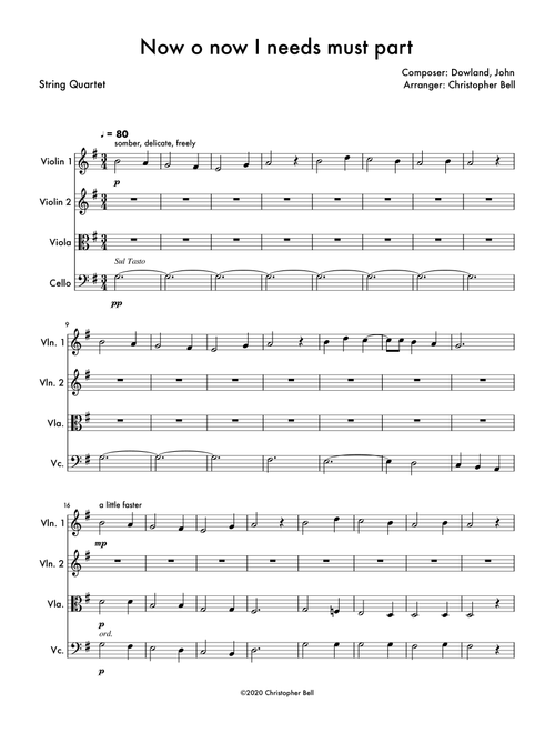 Now o now I needs must part - String Quartet (Arr. Christopher Bell) - John Dowland (String Quartet)