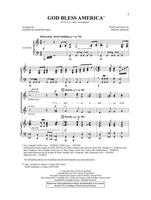 God Bless America (arr. Joseph M. Martin) - Irving Berlin (Choral, SSAA)