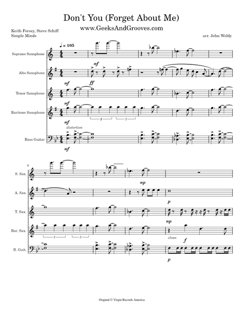 Don't You (Forget About Me) – Simple Minds (working) for Sax Quartet + Bass