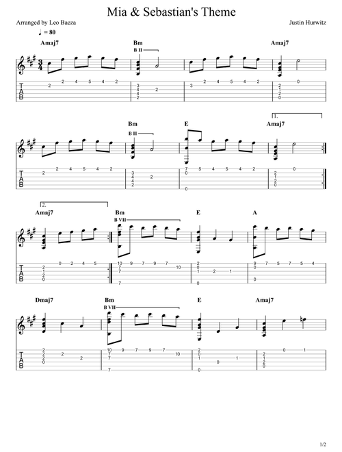 Mia & Sebastian's Theme (Arr. Leo Baeza) - Justin Hurwitz (Guitar Tab)