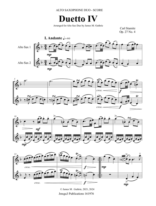 Stamitz: Duet Op. 27 No. 4 for Alto Sax Duo (Arr. James M. Guthrie) - Carl Stamitz (Alto Saxophone Duet)