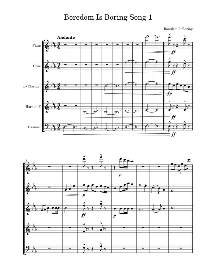 Boredom Is Boring Song 1 Test Sheet Music for Flute, Oboe, Clarinet in ...