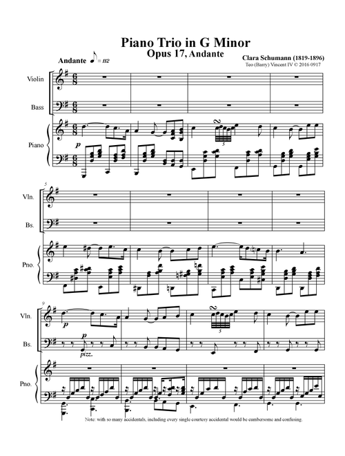 Piano Trio in G minor, Op.17, Adagio (Arr. for Double Bass, Piano & Violin) (Arr. Teo Barry Vincent) - Clara Schumann (Small Ensemble)