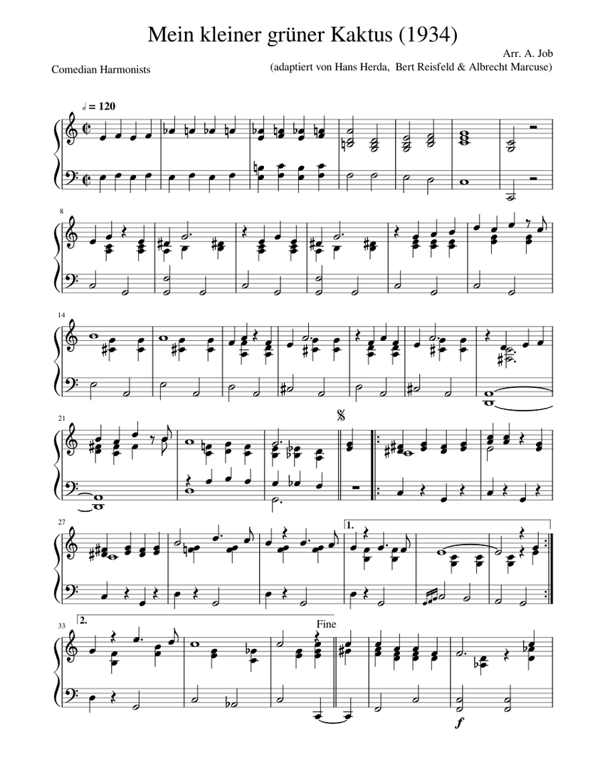 Comedian Harmonists - Mein kleiner Grner Kaktus (Solo Piano) Sheet Music  for Piano (Solo) easy | MuseScore.com