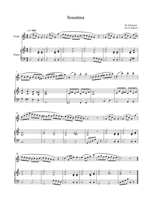Sonatina (In C Major), Muzio Clementi, For Violin & Piano (Arr. Eugene Egorov) (Violin and Piano)