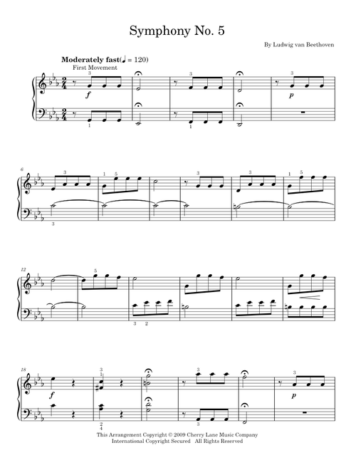 Symphony No. 5 in C Minor, First Movement Excerpt - Ludwig van Beethoven 16/07/1770 - 26/03/1827 (Easy Piano)