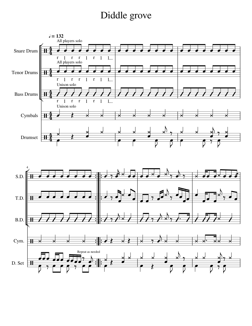 Diddle grove Sheet Music for Snare drum, Crash, Drum group, Tenor drum ...