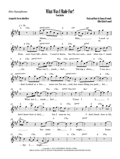 What Was I Made For? (Arr. Steven John Oliver) - Billie Eilish (Alto Sax Solo)