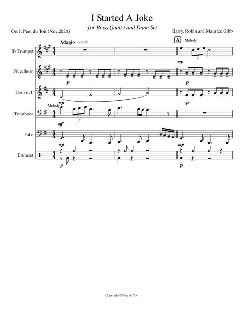 I Started A Joke (Arr. Peet du Toit) - Bee Gees (Small Ensemble)