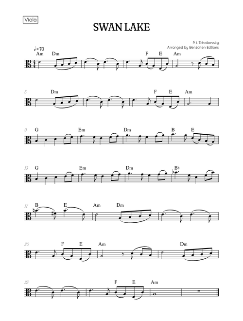 Swan Lake (Theme) • Pyotr Ilyich Tchaikovsky | Viola Sheet Music (chords) (Arr. Benzaiten Editions) - Pyotr Illyich Tchaikovsky (Viola Solo)
