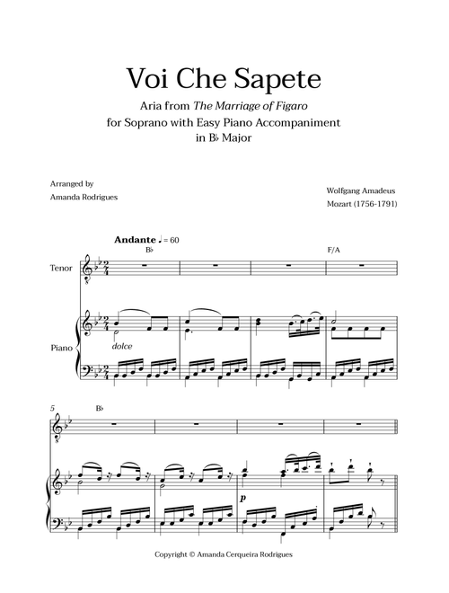 Voi Che Sapete from "The Marriage of Figaro" - Easy Tenor and Piano Aria Duet with Chords in Bb Majo (Arr. Amanda Cerqueira Rodrigues) - Wolfgang Amadeus Mozart (Piano Vocal)