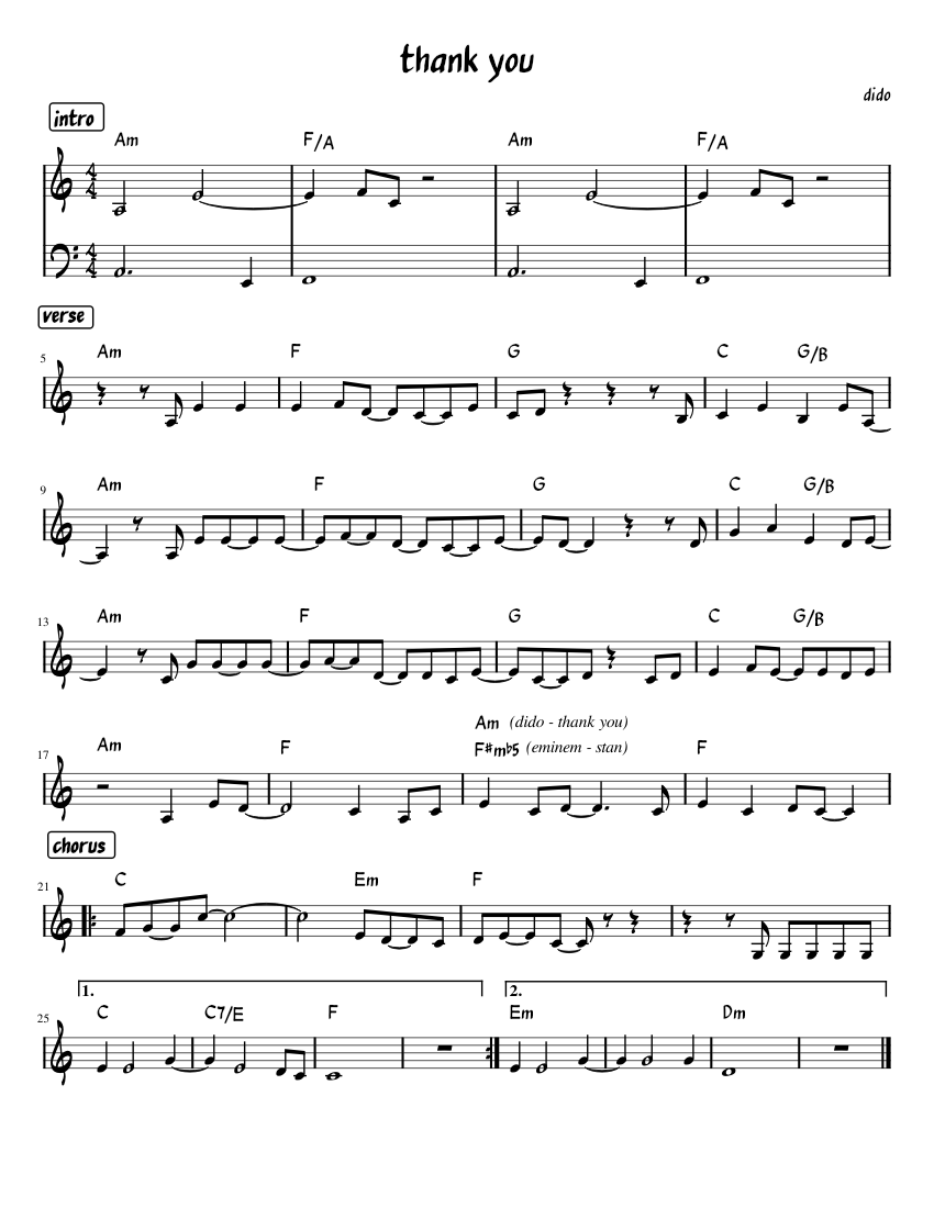 Thank you – Dido Sheet Music with Chords for Piano, Bass guitar