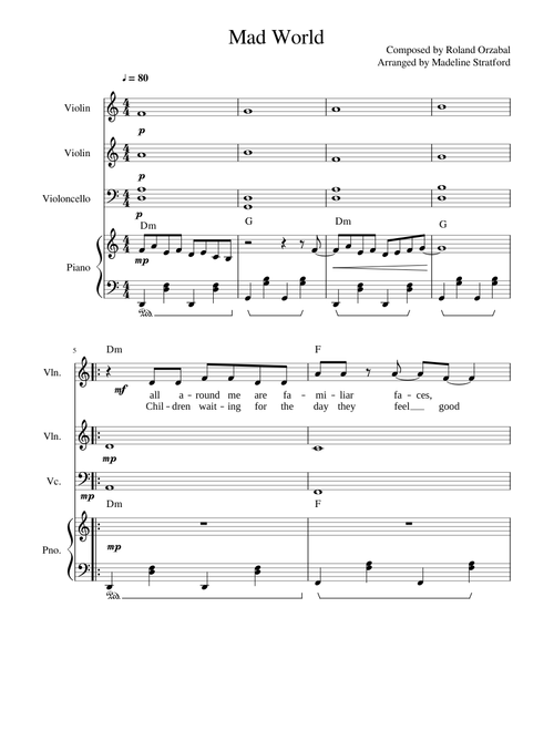 Mad World - (2x Violin) Cello and Piano Ensemble