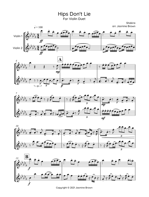 Hips Don't Lie (Arr. Jasmine Brown) - Shakira Featuring Wyclef Jean (Violin Duet)