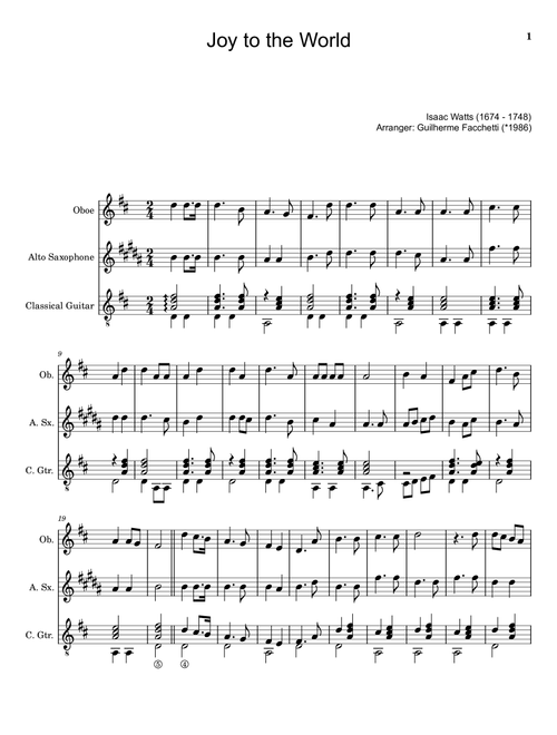 Joy to the World - Oboe, A. Sax. and Guitar. With Parts. (Arr. Guilherme Facchetti) - Isaac Watts (Small Ensemble)