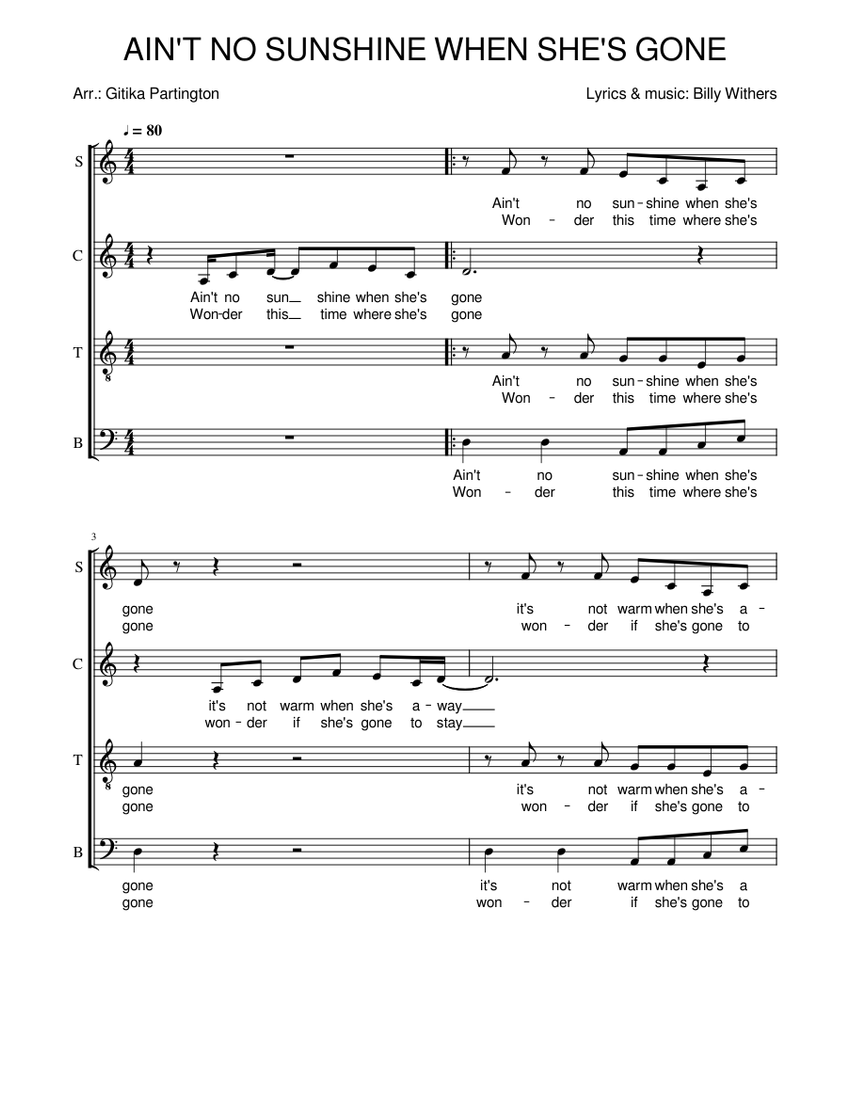 Ain't no sunshine when she's gone - Withers SATB Sheet music ...