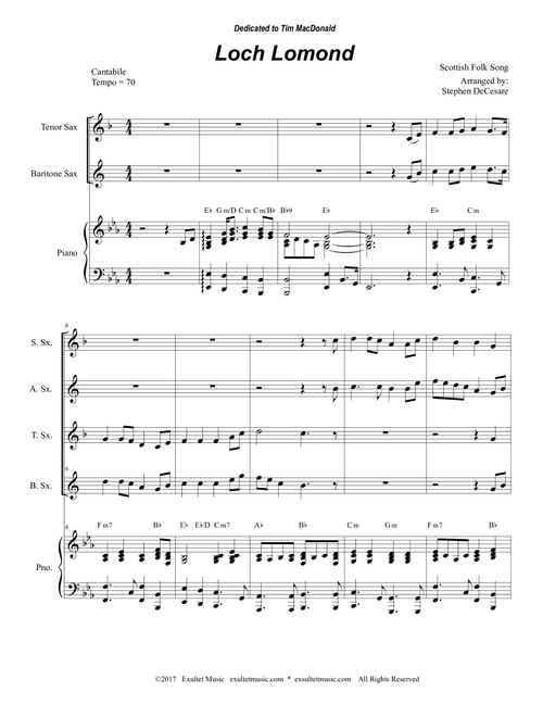 Loch Lomond (Saxophone Quartet and Piano) (Arr. Stephen DeCesare) (Woodwind Ensemble)