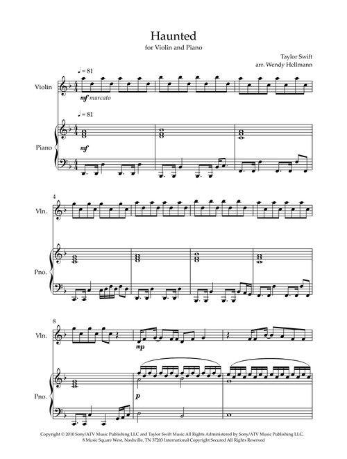 Haunted (Arr. Wendy Hellmann) - Taylor Swift (Violin and Piano)