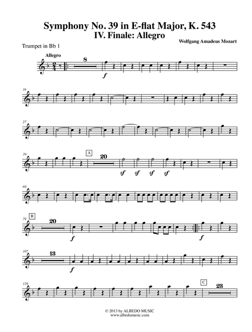 Mozart Symphony No. 39, Movement IV - Trumpet in Bb 1 (Transposed Part), K. 543 (Arr. Doug Clyde) - Wolfgang Amadeus Mozart (Trumpet Solo)