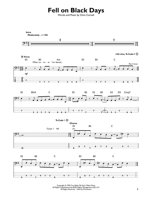 Fell On Black Days - Soundgarden (Easy Bass Tab)