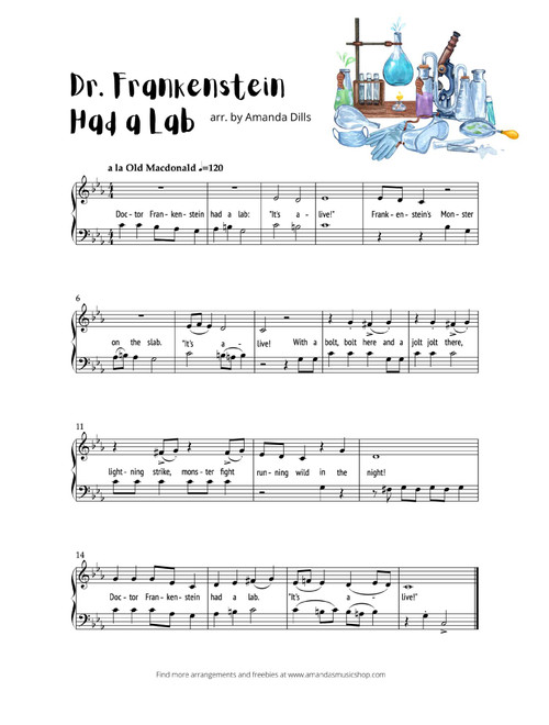 Dr. Frankenstein Had a Lab (a Halloween version of Old MacDonald for Easy Piano) (Arr. Amanda Dills) - Traditional (Easy Piano)