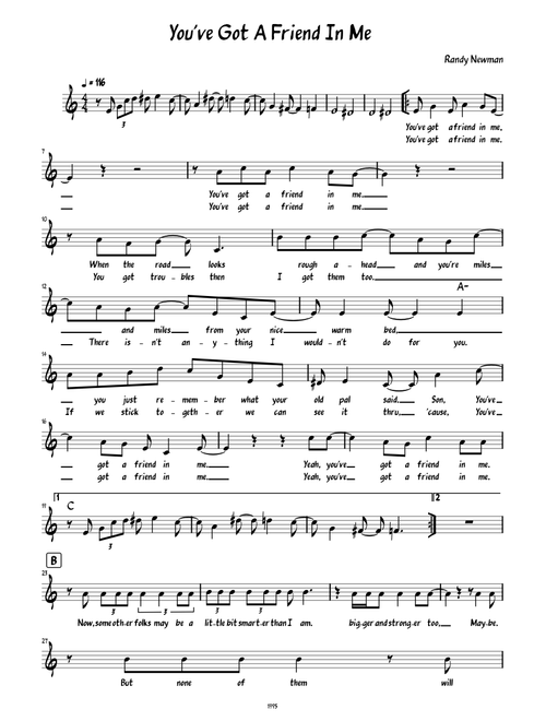 You've got a friend in me – Randy Newman Youve Got A Friend In Me Lead sheet with lyrics