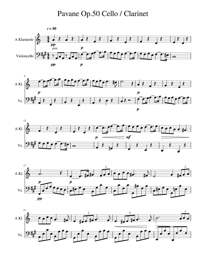 Cello Clarinet Pavane in F Minor Op 50 Sheet music for Cello Clarinet in a Mixed Duet Musescore