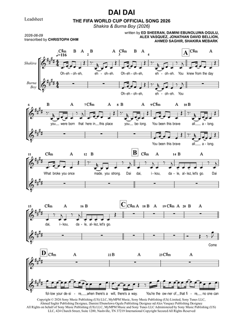 Dai Dai (Arr. Christoph Ohm) - Shakira & Burna Boy (Lead Sheet - Fake Book)