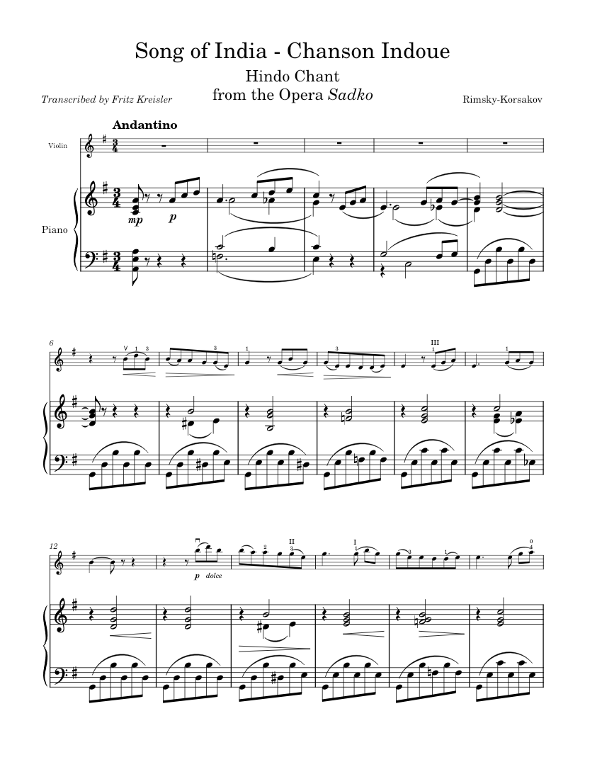 Song of India by RimskyKorsakov, Transcribed by Fritz Kreisler Sheet