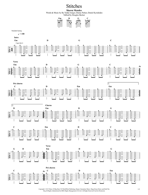 Stitches (Arr. Douglas Becker) - Shawn Mendes (Guitar Tab)
