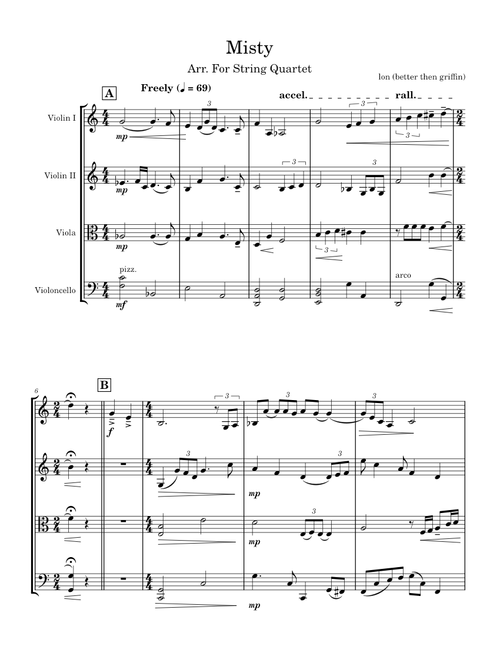 Misty String Quartet Arrangement - Errol Garner Arr. Lon