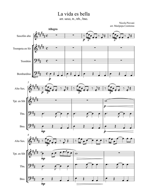 Life Is Beautiful (la Vita E Bella) (Arr. M. Contreras) - Nicola Piovani (Small Ensemble)