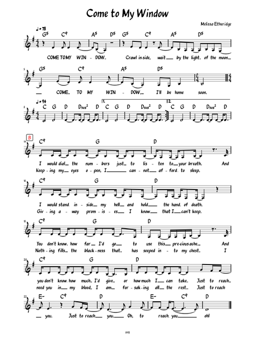 Come to My Window (Lead sheet with lyrics )