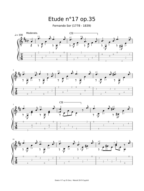 Etude n°17 op.35 - Fernando Sor (1778 - 1839) Tablature