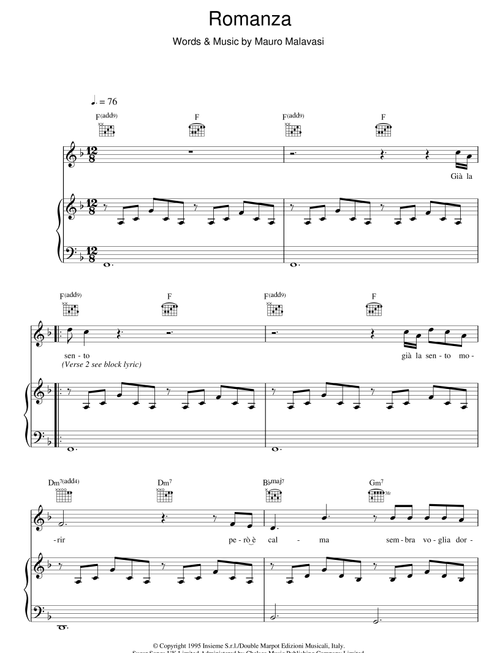 Romanza - Andrea Bocelli (Piano-Vocal-Guitar (Piano Accompaniment))