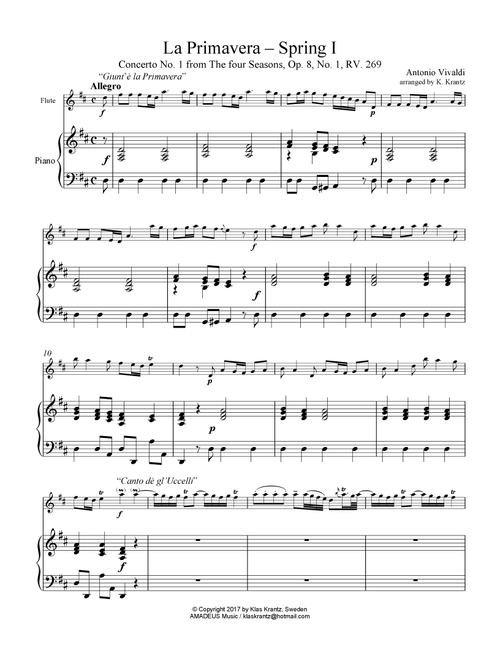 Allegro (i) from La Primavera (Spring) RV. 269 for flute (violin) and piano (Arr. K. Krantz) - A Vivaldi (Flute and Piano)