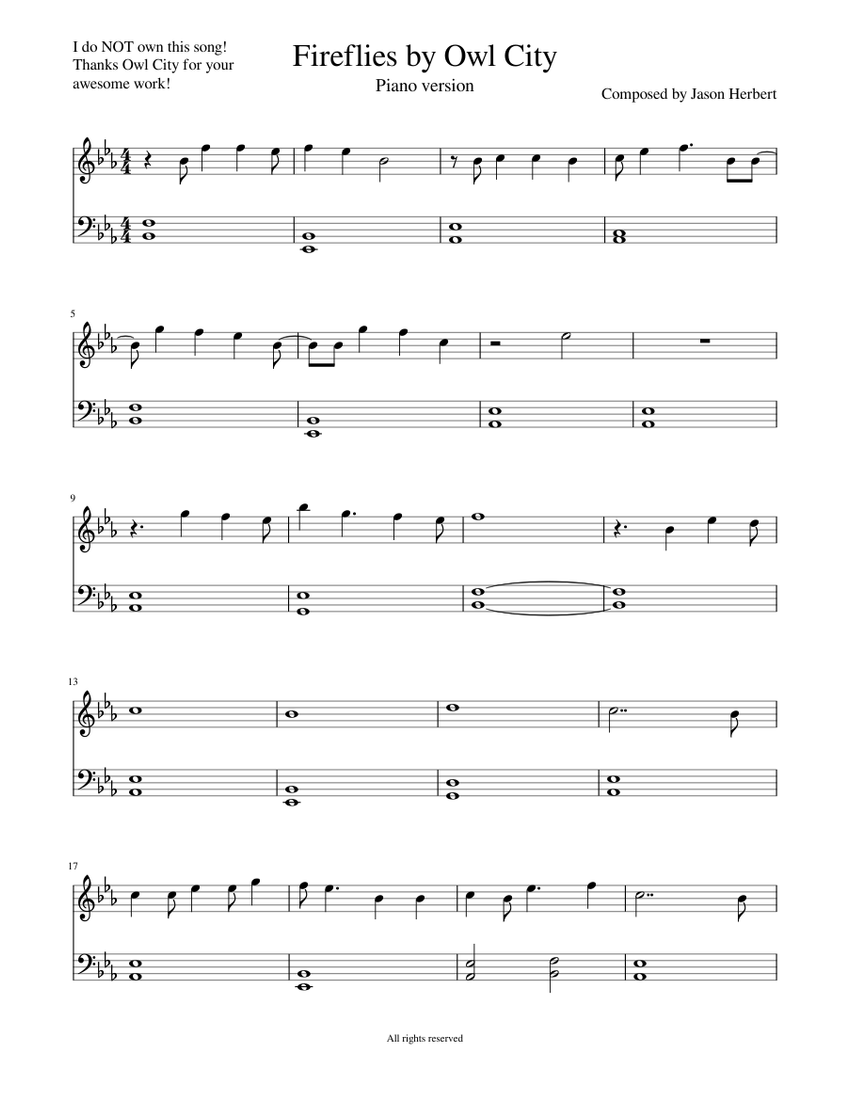 Fireflies by Owl City [easy piano] Sheet Music for Piano (Solo ...