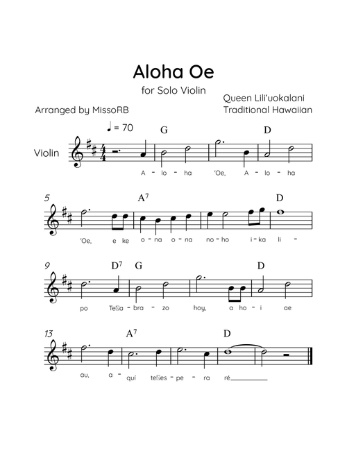 Aloha Oe - Solo Violin in D Major Easy With Lyrics & Chords (Arr. MissoRB) - Queen Liliʻuokalani (Violin Solo)