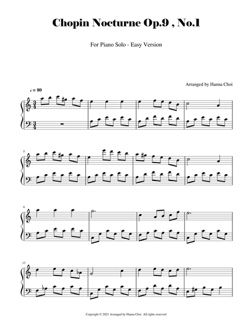 Chopin Nocturne Op.9 , No.1 [Easy Arrangement for Piano Solo] (Arr. Hanna Choi) (Easy Piano)