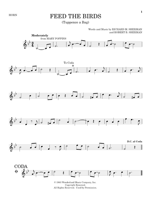 Feed The Birds (Tuppence A Bag) (from Mary Poppins) - Robert B Sherman, Richard M Sherman (French Horn Solo)