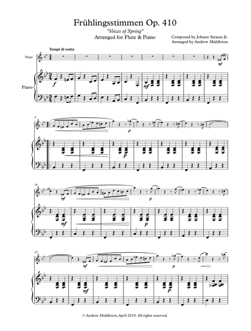 Voices of Spring arranged for Flute and Piano (Arr. Andrew Middleton) - Johann Strauss Jr. (Small Ensemble)
