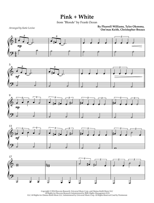 Pink + White (Arr. Katie Levine) - Frank Ocean (Easy Piano)