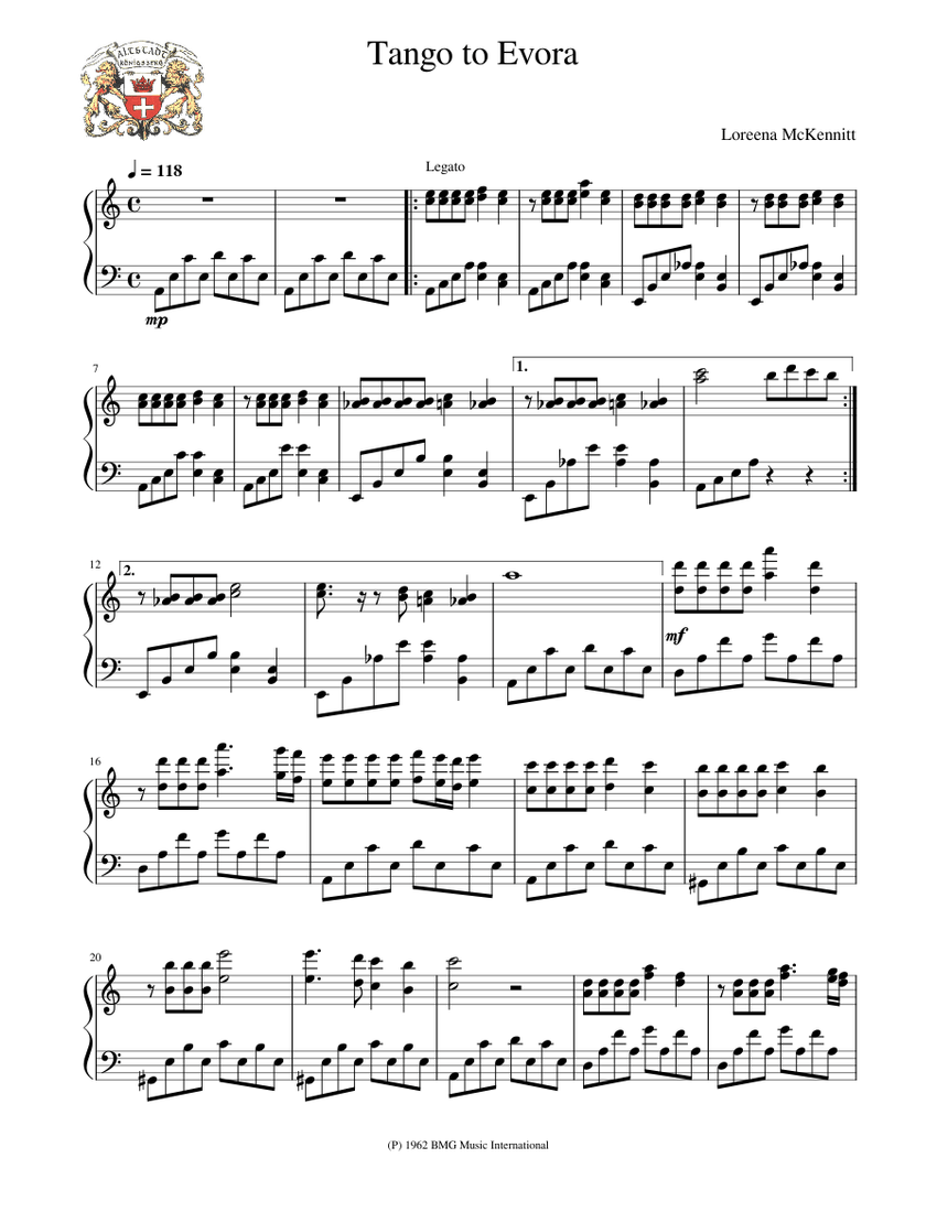 Tango to Evora Loreena McKennitt Sheet Music for Piano (Solo