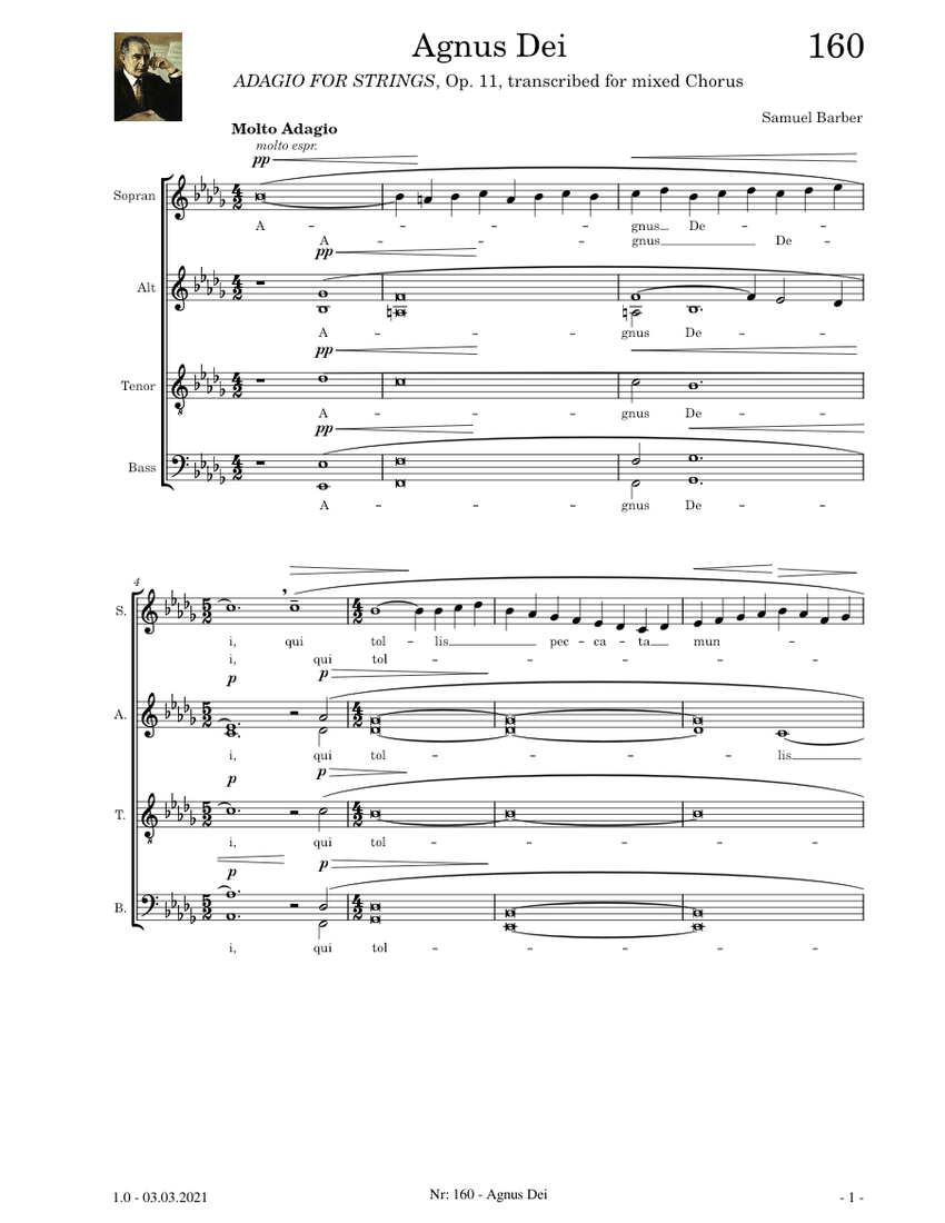 Agnus Dei Samuel Barber Sheet music for Soprano, Alto, Tenor, Bass