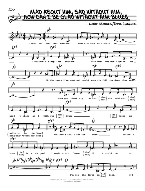 Mad About Him, Sad Without Him, How Can I Be Glad Without Him Blues (Low Voice) - Dick Hyman, Dinah Shore (Real Book - Melody-Chords-Lyrics)