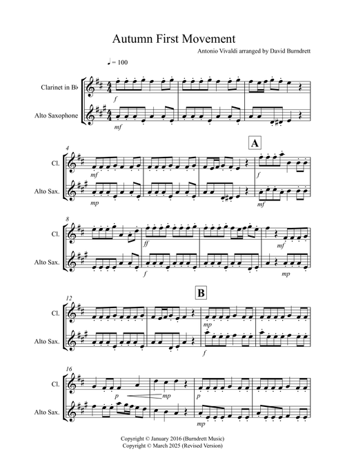Autumn "Four Seasons" for Clarinet and Alto Saxophone Duet (Arr. David Burndrett) - Antonio Vivaldi (Instrumental Duet)