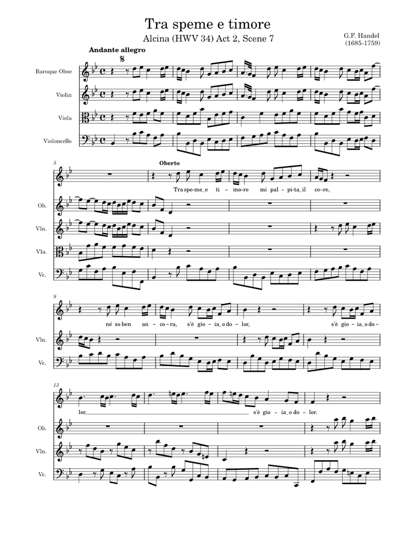 Tra speme e timore Friedrich Händel Sheet music for Harpsichord
