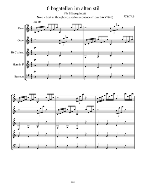 6 bagatellen im alten stil für bläserquintett - No 6; Lost in thoughts (based on sequences from BWV 846)