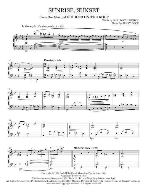 Sunrise, Sunset - Bock & Harnick, Fiddler On The Roof Musical (Piano Solo)