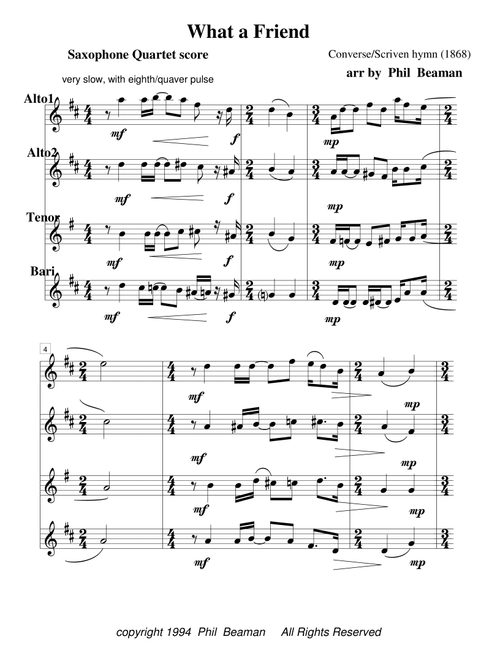 What a Friend- saxophone quartet (Arr. Phil Beaman) - Converse/Scriven (Woodwind Ensemble)